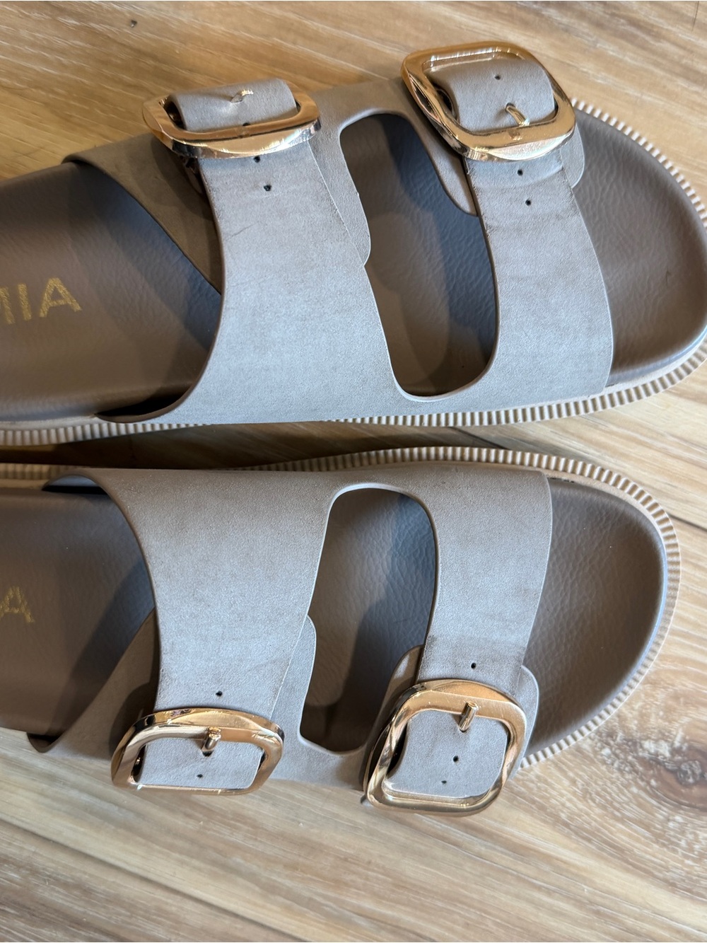 Mia Women’s Taupe Double-Buckle Slide Sandals